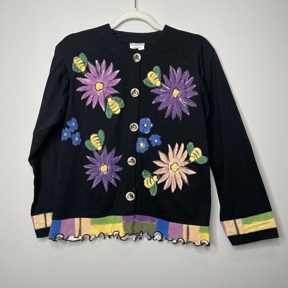 Silkscapes Hand Painted Black Floral Cardigan Size Medium Cotton - Picture 1 of 7